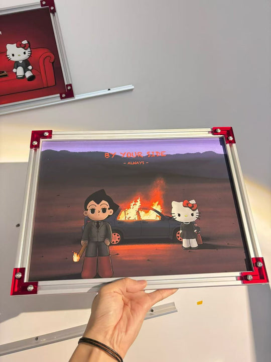 WHILE THE WORLD BURNS framed art print in a hand-assembled aluminum frame